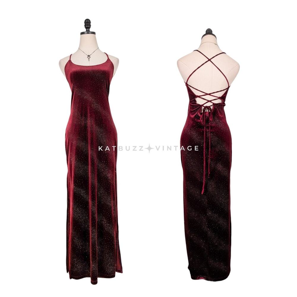 Vintage Velvet Prom Dress Maxi Gown M Red Corset 90s Y2K Goth Glam Vamp Grunge